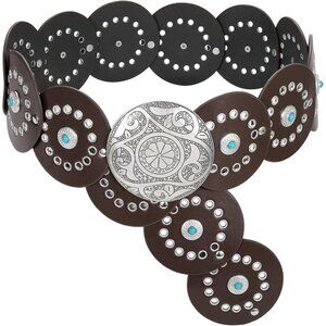 Woman's Western PU Leather Belt Concho Disc Wide Waist Belt Coffee Silver Buckle